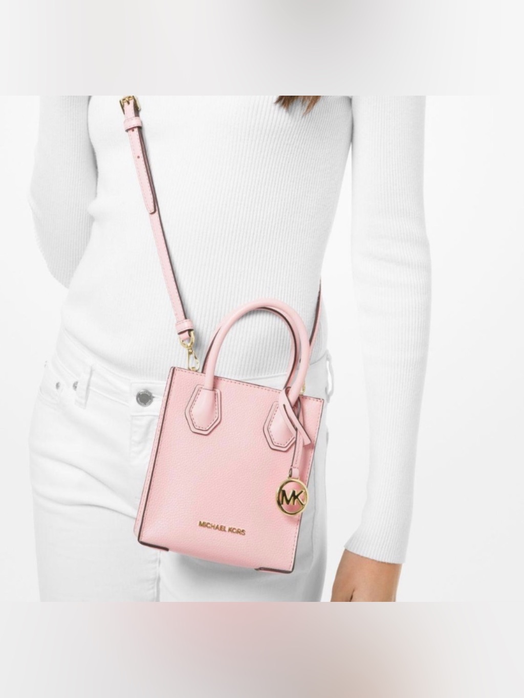 Nwot Michael Kors Pale Pink Leather Mini Crossbody Tote.
